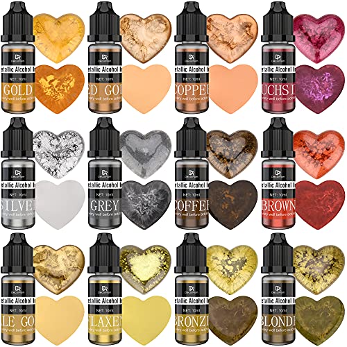 Metallic Alcohol Ink Set - 12 Metal Color Alcohol-Based Inks for Epoxy Resin Art, Painting - Concentrated Shimmer Alcohol Paint Color Dye for Resin DecorRom