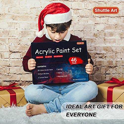 Shuttle Art 46 Pack Acrylic Paint Set, 30 Colors Acrylic Paint with 10 Paint Brushes 3 Painting Canvas 1 Paint Knife Palette Sponge, Complete Gift Shuttle Art