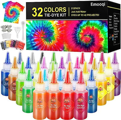 DIY Tie Dye Kits, Emooqi 32 Colours All-in-1 Tie Dye Set Contain 32 Bag Pigments, Rubber Bands, Gloves, Sealed Bag，Apron and Table Covers for Craft