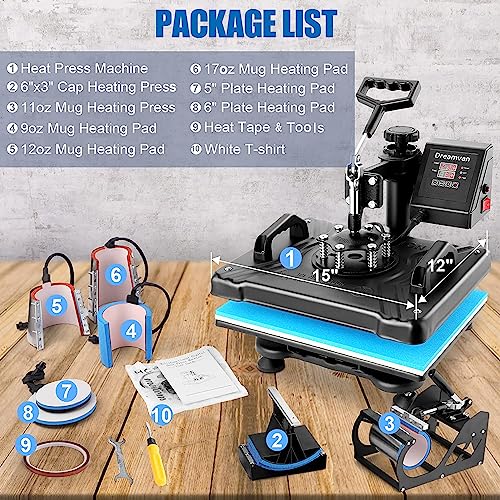 Heat Press Machine for Tshirts, 8 in 1 Heat Transfer Machine, 12" X 15" Digital Industrial Sublimation Heat Printing Combo with 360 Degree Rotation - WoodArtSupply