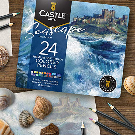 Castle Arts Themed 24 Colored Pencil Set in Tin Box, perfect colors for Seascapes. Featuring quality, smooth colored cores, superior blending & Castle Art Supplies