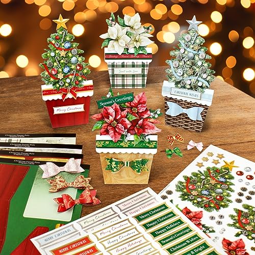 Katy Sue Christmas Flower Pots Card Making Kit - Contains 8 Cards & Envelopes, 4 Sheets Christmas Decoupage, 1 Sheet Decoupage Bows & 2 Sheets Foiled - WoodArtSupply