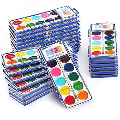 Keebor 12 Colors Watercolor Paint Set for Kids, 24 Pack Washable WaterColors for Party Favors, Gifts, Classroom Supplies (Wood Brushes Included) Keebor