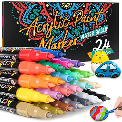 Acrylic Paint Pens for Rocks Paint Markers - 24 Colors Fine Point Paint Pens, Acrylic Paint Markers for Canvas, Wood, Plastic, Glass, Metal, Ceramic,