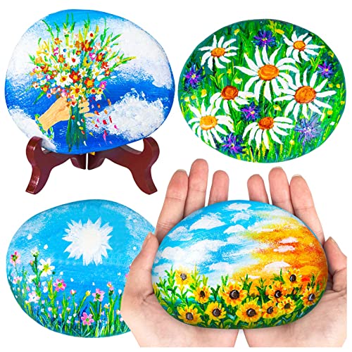 12 Pcs Extra Large Rocks for Painting, 4-5 Inch River Rocks Painting Stones Smooth Flat Rocks with 12PCS Paint Brushes for Painting, Natural Rocks to WhistenFla
