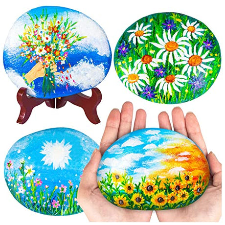 12 Pcs Extra Large Rocks for Painting, 4-5 Inch River Rocks Painting Stones Smooth Flat Rocks with 12PCS Paint Brushes for Painting, Natural Rocks to WhistenFla