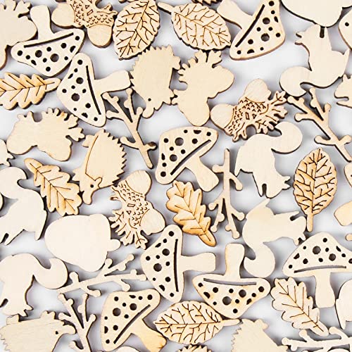 AUEAR, 300 Pack Wooden Embellishments Squirrel Mushroom Leaf Slices Discs Unfinished Wooden Cutouts Wood Ornaments for Crafts DIY Handmade Decoration AUEAR
