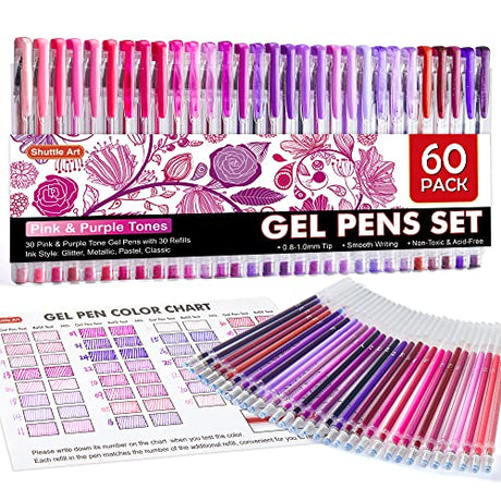 Shuttle Art 60 Pack Tone , Pink Purple Gel Pens with 30 Refills for Adults Coloring Books Journaling Drawing Nature, Landscapes, Animals Scenes Shuttle Art