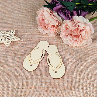 Creaides 12pcs Slipper Wood DIY Crafts Cutouts Wooden Flip Flop Shaped Hanging Ornaments with Hole Hemp Ropes Gift Tags for Hawaii Summer Holiday