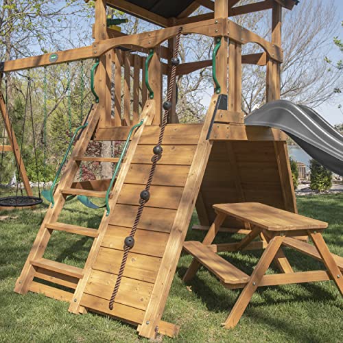 Backyard Discovery Endeavor II All Cedar Wood Swing Set Playset for Backyard with Gray Wave Slide Climbing Wall with Rope Picnic Table Double Wide Backyard Discovery