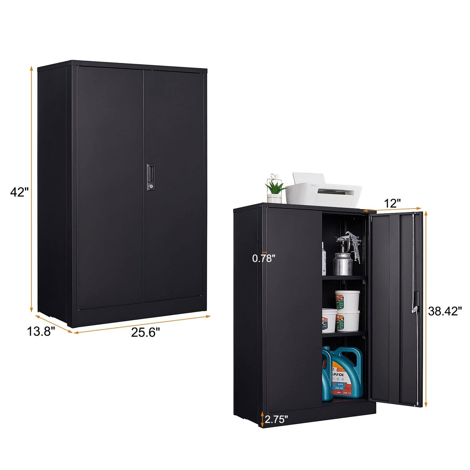 Neylory Metal Storage Cabinet with Locking Doors, Lockable Steel Storage Cabinet with 2 Doors and Shelves, Black Metal Cabinet with Lock, Small Steel Neylory