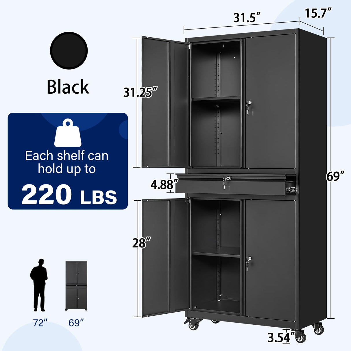 Yizosh Metal Garage Storage Cabinet with Locking Doors and Adjustable Shelves, Rolling Tool Storage Cabinet with 4 Wheels and 1 Drawer - 73" Steel Yizosh