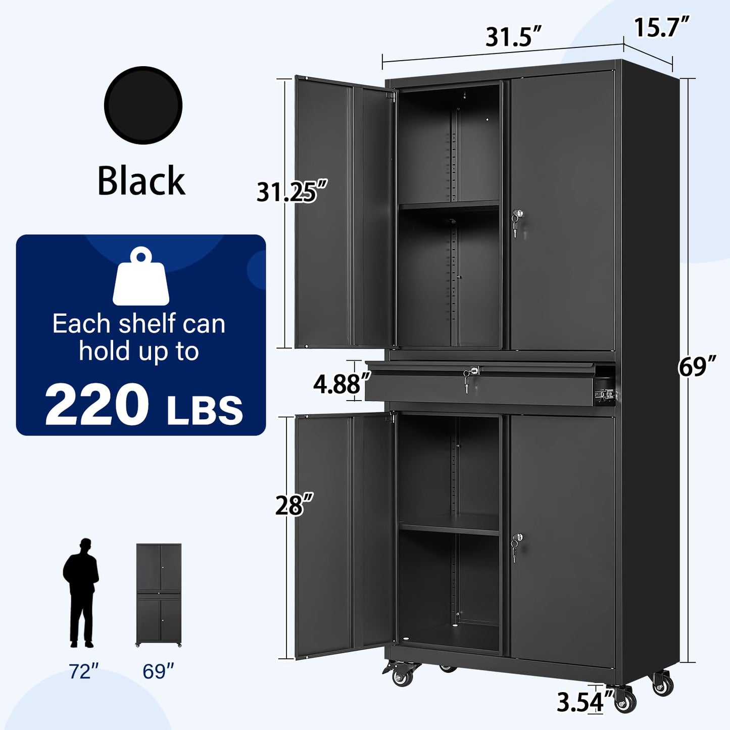 Yizosh Metal Garage Storage Cabinet with Locking Doors and Adjustable Shelves, Rolling Tool Storage Cabinet with 4 Wheels and 1 Drawer - 73" Steel