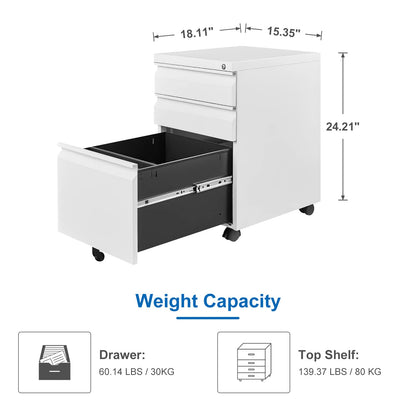 VERYKE 3 Drawer File Cabinet with Lock and Wheels Mobile Under Desk Filing Cabinet Vertical Filing Cabinet Metal Organizer File Cabinet for Hanging - WoodArtSupply