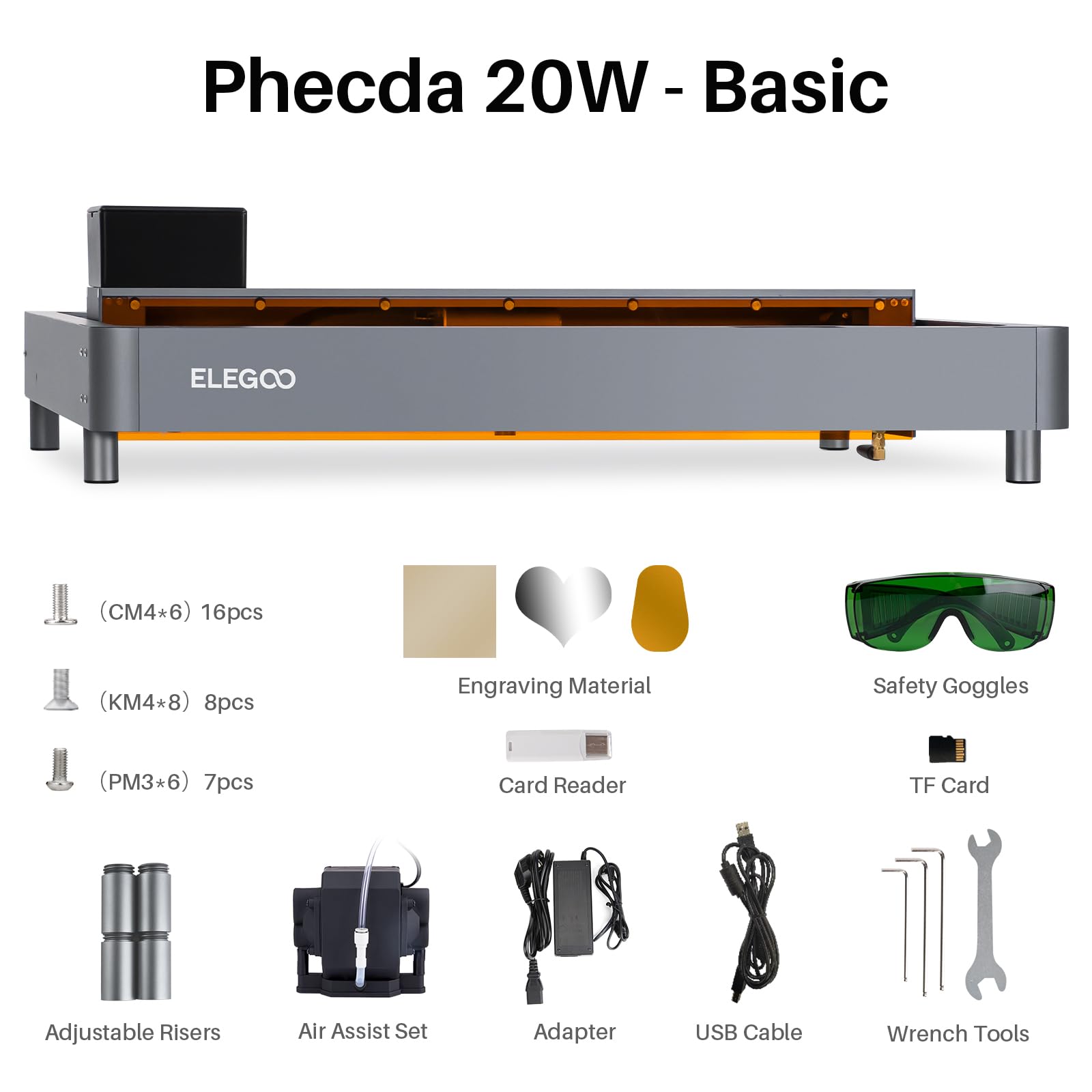 ELEGOO PHECDA 20W Laser Engraver & Cutter with Air Assist, CNC Laser Engraving and Cutting Machine for Wood and Metal, Dark Acrylic, 400x400mm - WoodArtSupply