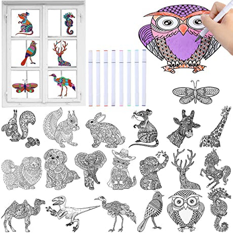 28 Pcs Color Your Own Animal Mandala Window Clings and Markers, DIY Kits for Adults Stained Glass Kit Window Art Craft Kits for Kids Women Teens Home Leinuosen