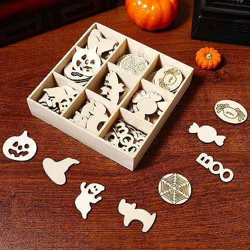Healifty 72Pcs Halloween Wooden Slices Blank Wooden Tags Halloween Cutouts Shapes Crafts Ornaments Embellishments Halloween Centerpiece Holiday Party