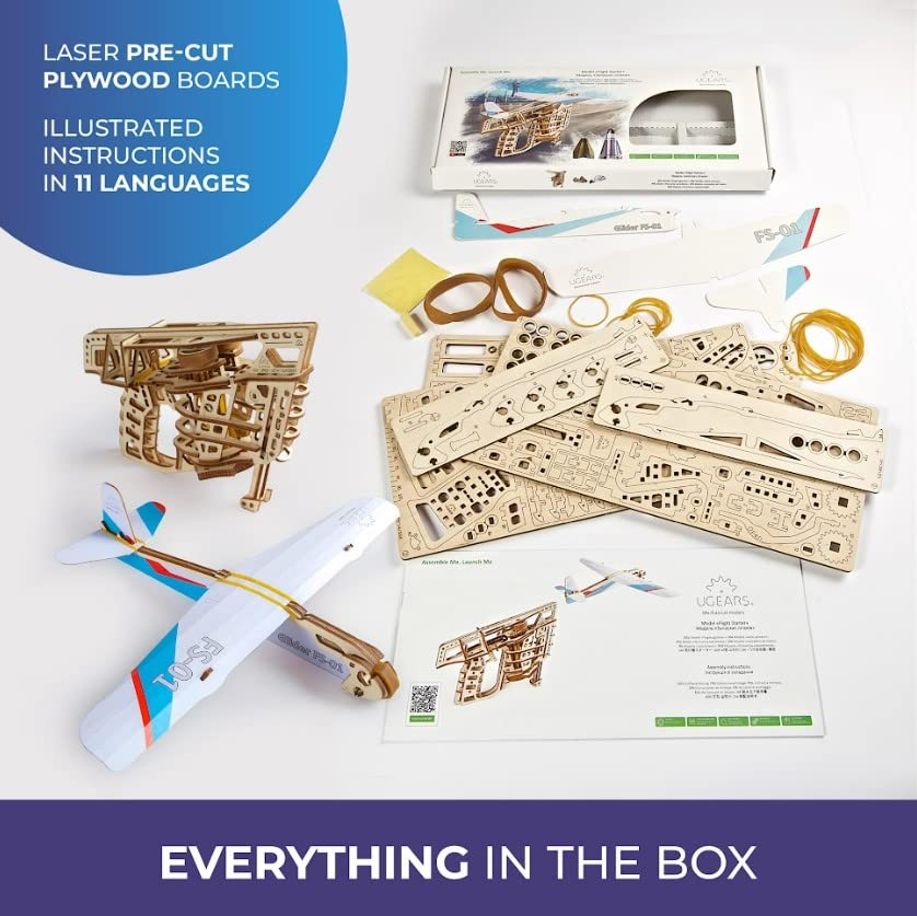 UGEARS Flight Starter Paper Airplane Portable Hand Catapult Mechanical Wooden 3D Model UGEARS