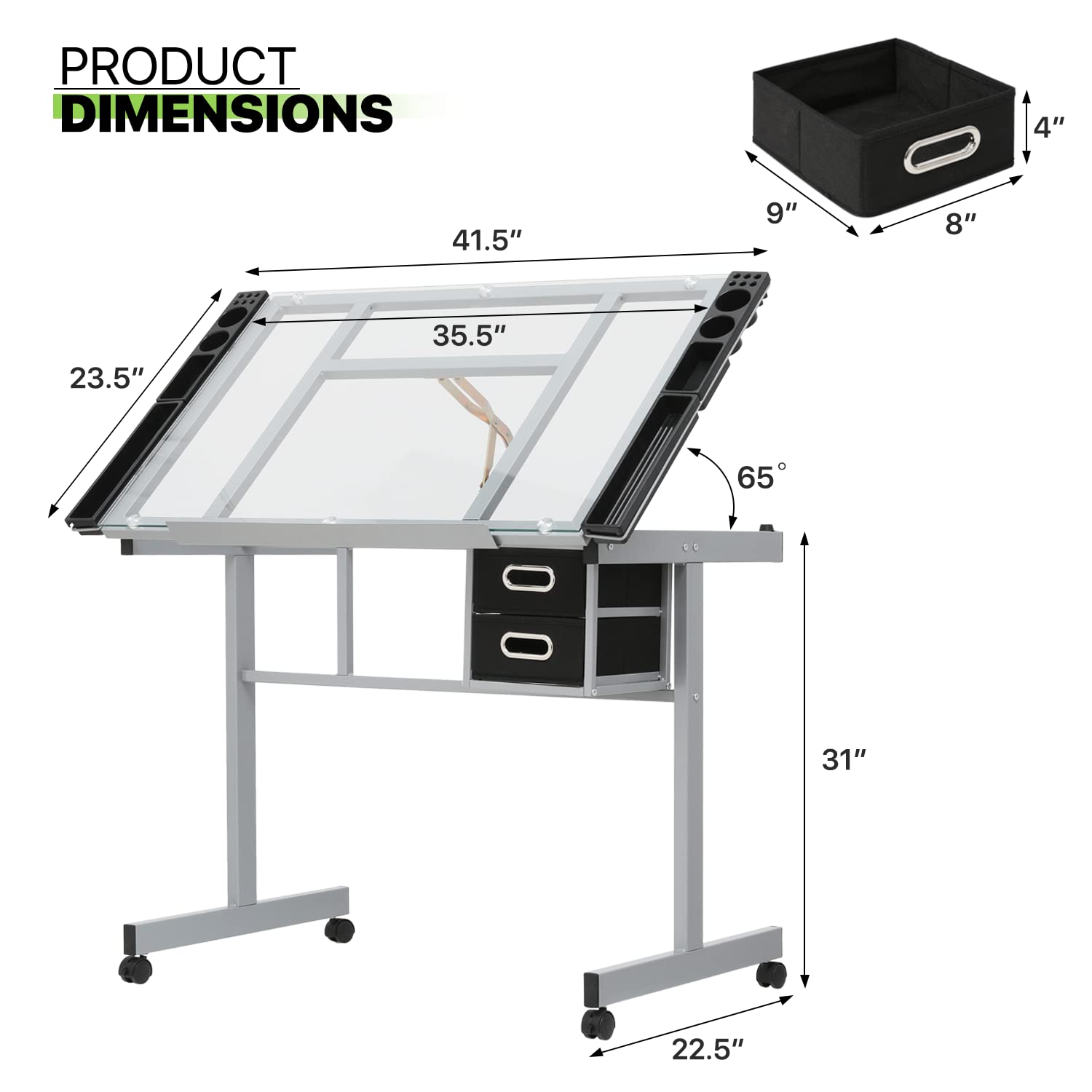 Magshion Drafting Table Adjustable Height Artist Desk with Tilting Clear Glass Tabletop, Portable Art Desk with 2 Storage Drawers and 2 Lockable Magshion