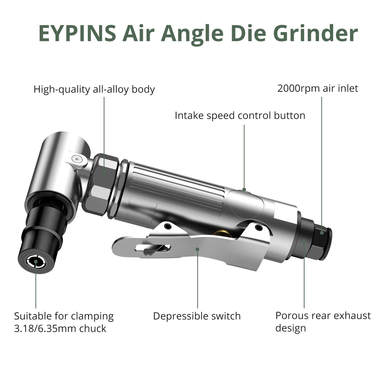 EYPINS Air ‎Right Angle Die Grinder 1/4" 90 Degree Heavy Duty 20,000 RPM Compressed Sander Polisher Tool for Contour Grinding, Polishing, Milling EYPINS