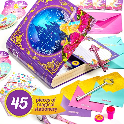 GirlZone Fairytale Writing Set, 45-Piece Fairy Stationery Kit with Paper Sheets, Cards, Stickers and Stampers in a Storybook Box, Magical Gift Idea GirlZone
