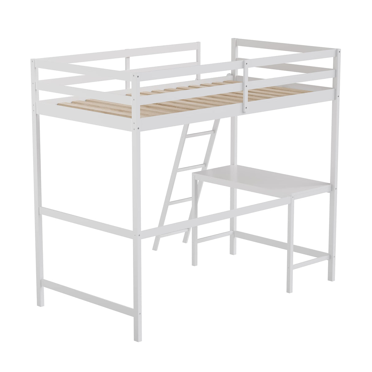 BizChair Twin Size Loft Bed Frame with Built-In Desk & Guard Rails - White BizChair