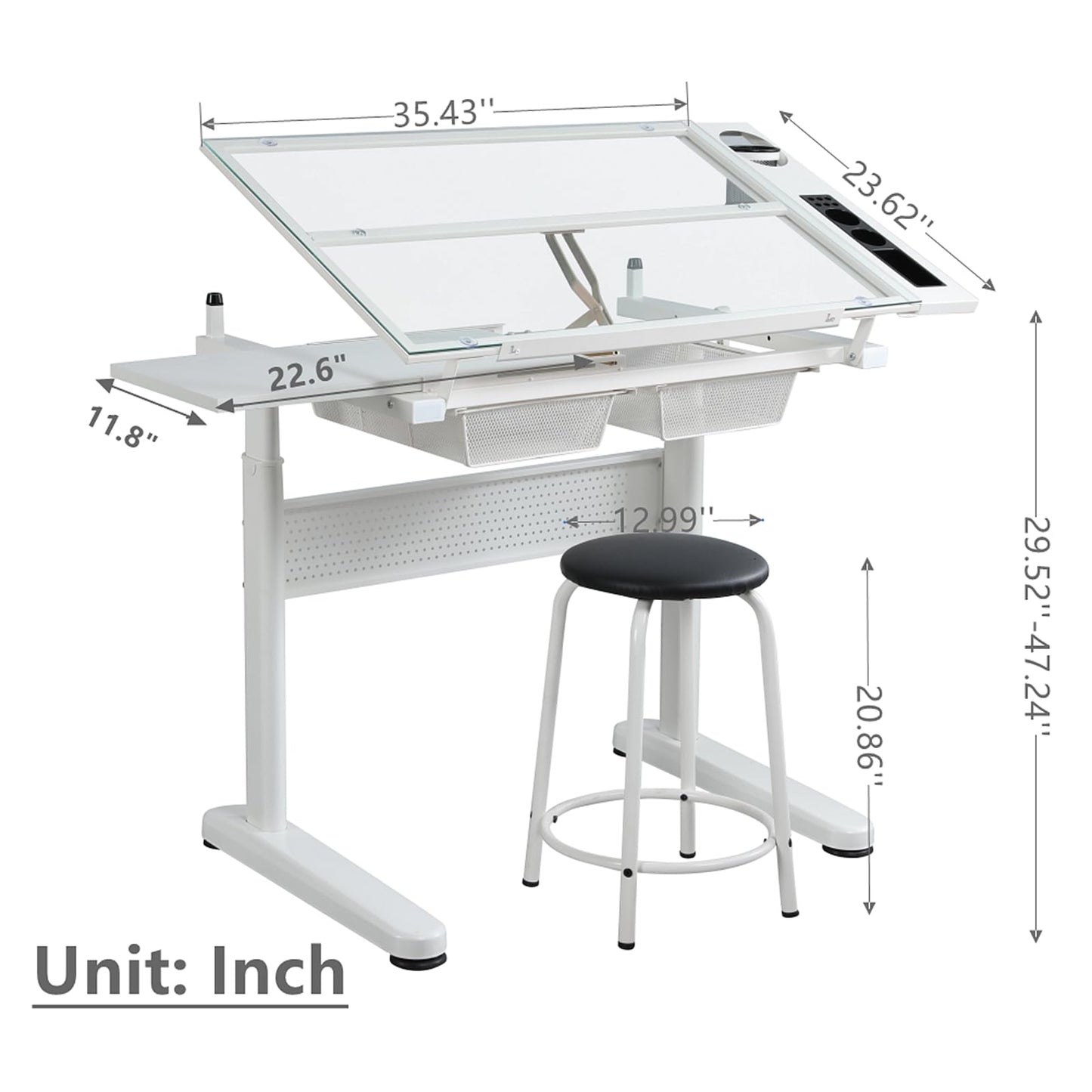 Gagawin Upgraded Height Adjustable Drafting Table Drawing Desk Artist Table with Stool for Home Office, Tilting Glass Tabletop Art Craft Desk w/2