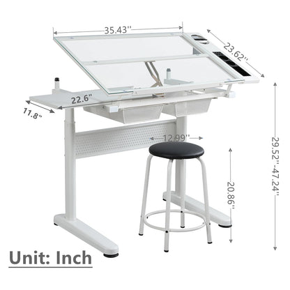 Gagawin Upgraded Height Adjustable Drafting Table Drawing Desk Artist Table with Stool for Home Office, Tilting Glass Tabletop Art Craft Desk w/2