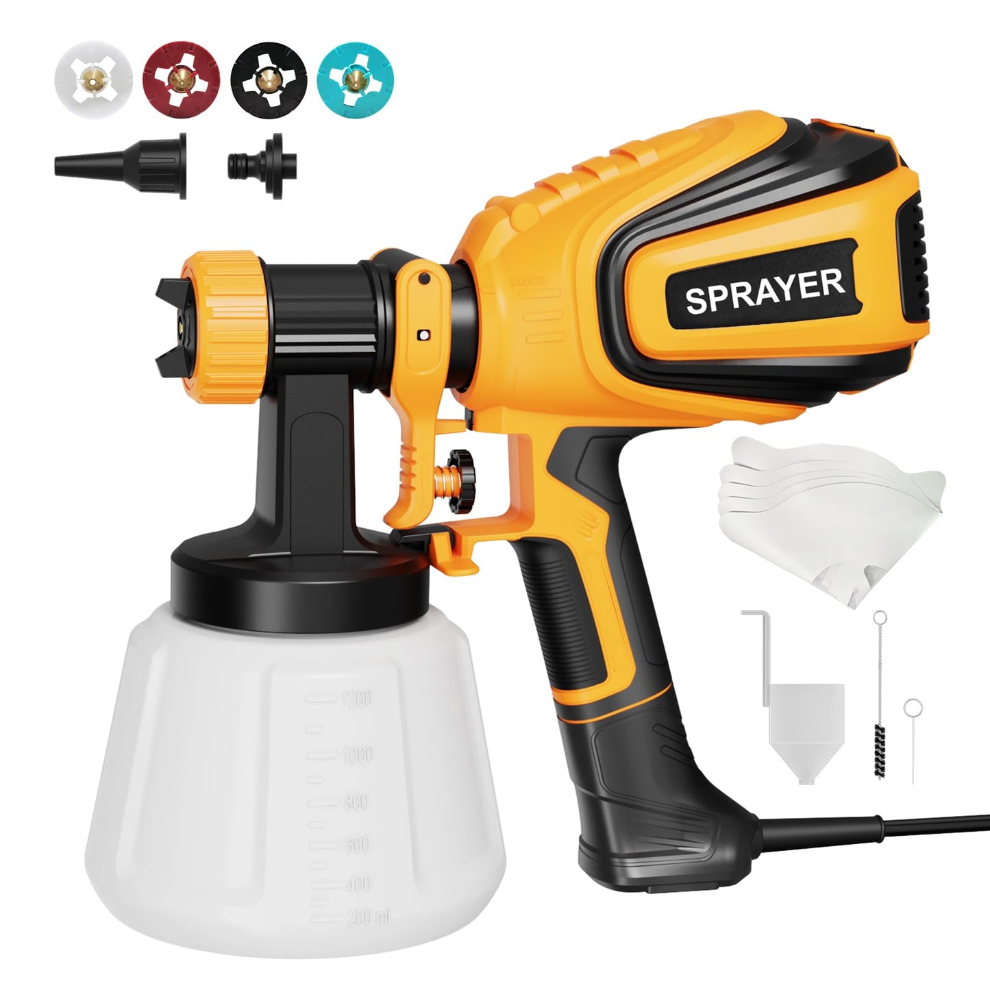 VONFORN Paint Sprayer, 700W HVLP Spray Gun with Cleaning & Blowing Joints, 4 Nozzles and 3 Patterns, Easy to Clean, for Furniture, Cabinets, Fence, - WoodArtSupply