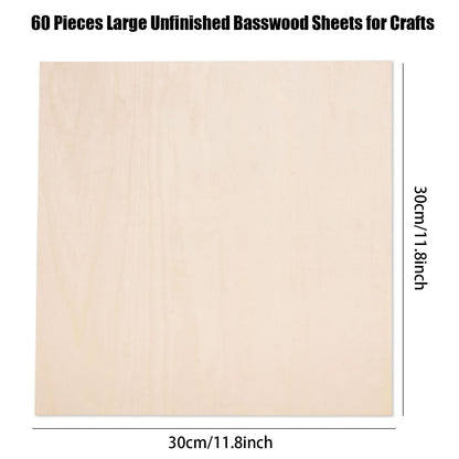 60 Pack Basswood Sheets for Crafts-12 x 12 x 1/8 Inch- 3mm Thick Plywood Sheets with Smooth Surfaces-Unfinished Squares Wood Boards for Laser