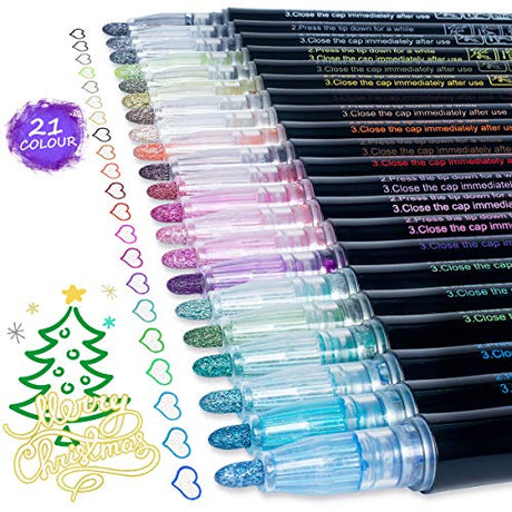 AKARUED Super Squiggles Outline Markers - 21 Color Shimmer Marker Set, Supersquiggles Outline Marker, Glitter Metallic Marker Pens, Double Line AKARUED
