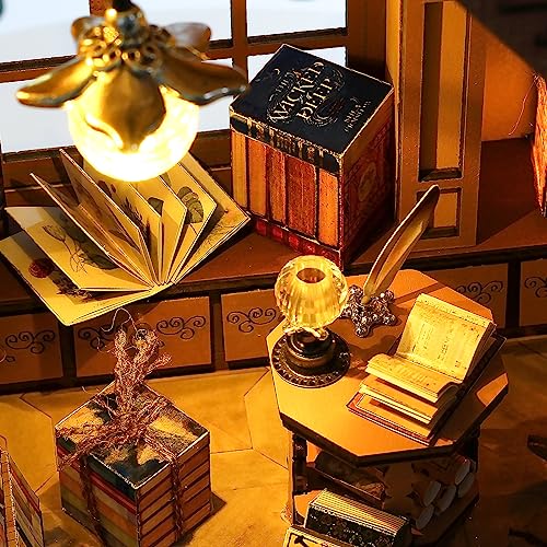 DIY Miniature Wooden Dollhouse Kit: Magic Book Store House with Furniture and LED - Great Handmade Crafts Model Building Kit Decor Gifts for Adults Quanquer