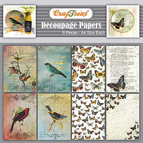 CrafTreat Bird Decoupage Paper for Crafts and Furniture - Birds and Butterflies - Size: A4 (8.3 x 11.7 Inch) 8 Pcs - Butterfly Decoupage Paper for CrafTreat