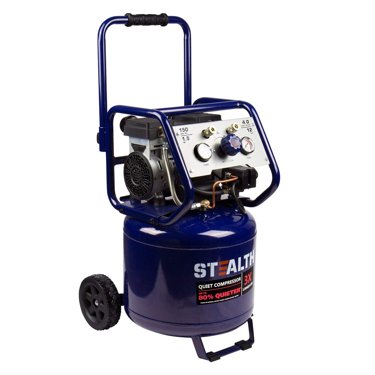 Stealth 12 Gallon Ultra Quiet Air Compressor, 1.5 HP Oil-Free Peak 150 PSI 68 Decibel Air Compressor,5 CFM @ 40 PSI 4 CFM @ 90 PSI Silent Portable Stealth