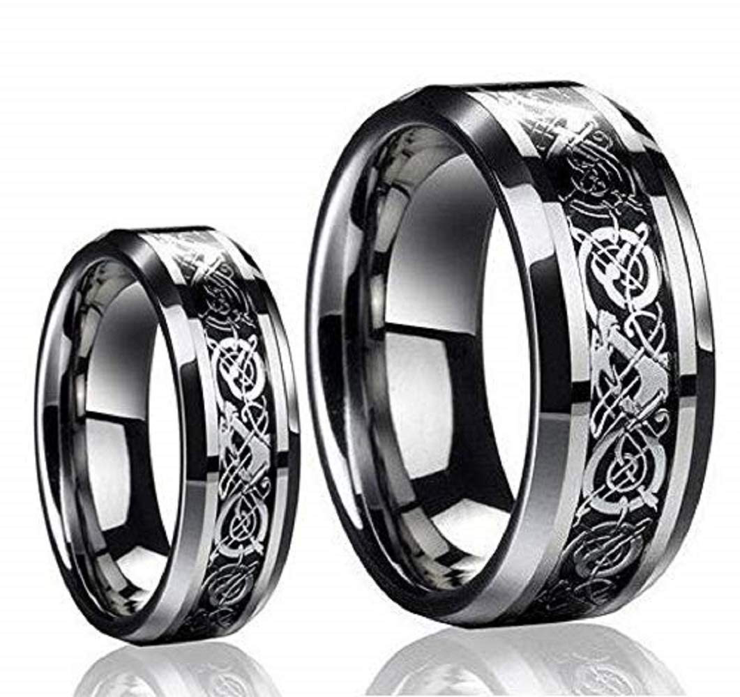Free Personalized laser engraving Ring for Men and Ring for Women His & Her's 8MM/6MM Tungsten Carbide Celtic Knot Dragon Design Carbon Fiber Inlay Tungsten Jeweler