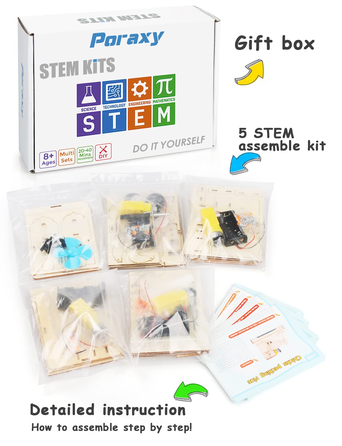 5 Set STEM Kits, STEM Projects for Kids Ages 8-12, 3D Wooden Puzzles, Build and Paint Animal STEM Learning Toys, DIY Educational Science Building Poraxy