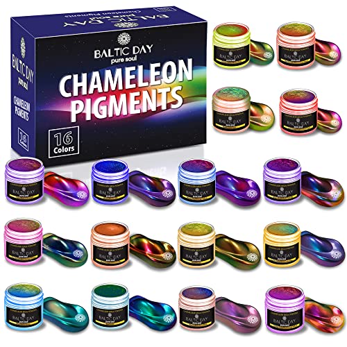 BALTIC DAY - Chameleon Mica Powder, 16 Jars of Color Shift Mica Powder Set - Epoxy Resin Color Pigment Powder - Chameleon Powder - Holographic Mica BALTIC DAY