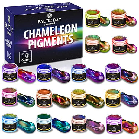 BALTIC DAY - Chameleon Mica Powder, 16 Jars of Color Shift Mica Powder Set - Epoxy Resin Color Pigment Powder - Chameleon Powder - Holographic Mica BALTIC DAY