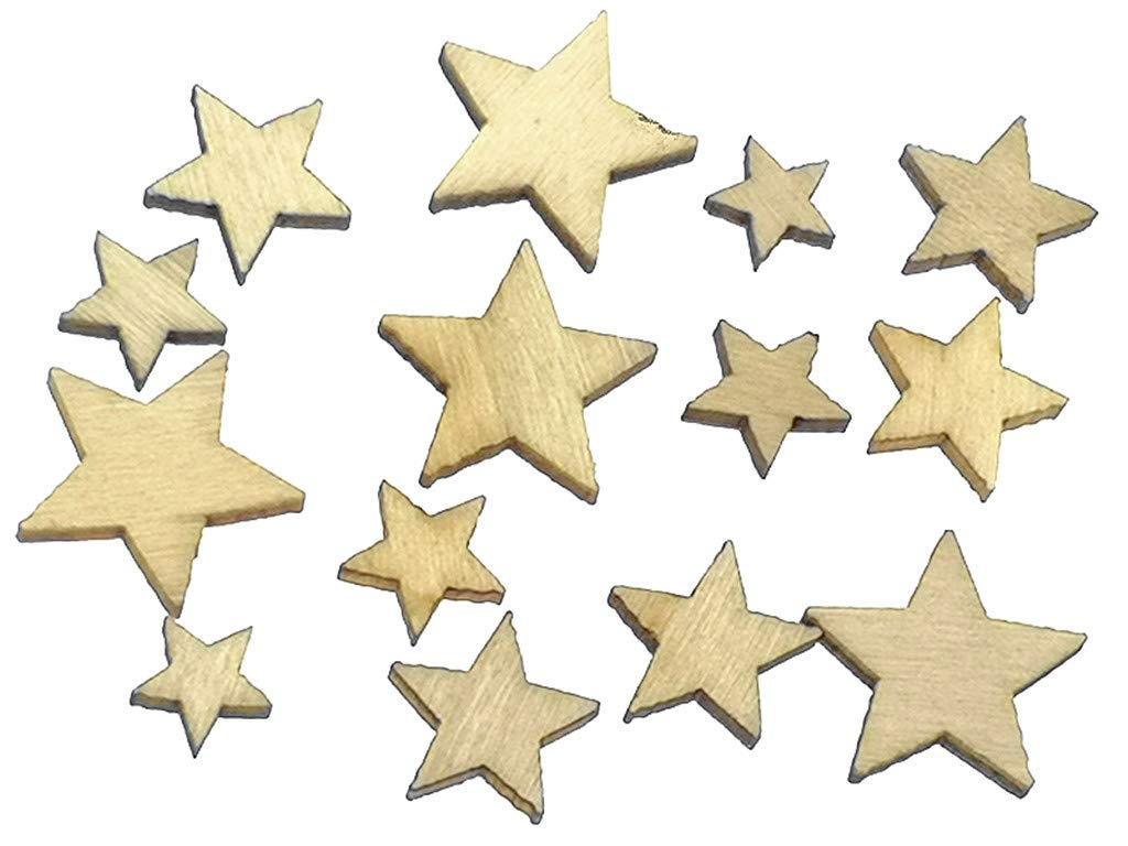 Kinteshun Natural Wood Unfinished Cutout Veneers Slices for Patchwork DIY Crafting Decoration(100pcs,Mixed Sizes,Pentagram Five-Pointed Star Shape)