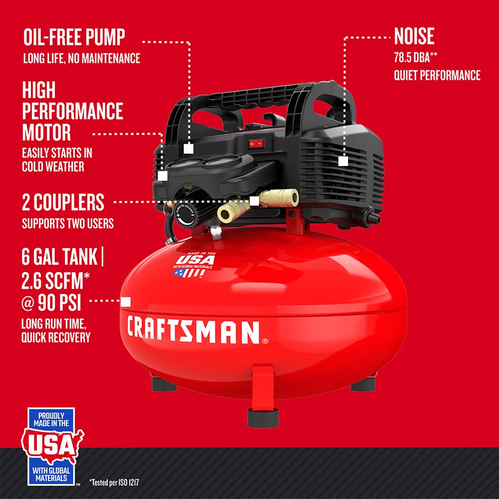 Craftsman Air Compressor, 6 Gallon, Pancake, Oil-Free with 13 Piece Accessory Kit (CMEC6150K) - WoodArtSupply