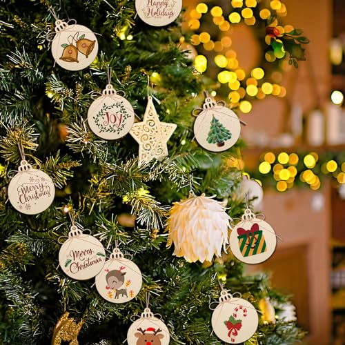 Artmag 100pcs Christmas Unfinished Wood Wooden DIY Hanging Ornaments Blank Round Wood Discs for Kids Crafts Centerpieces Holiday Christmas Hanging Artmag
