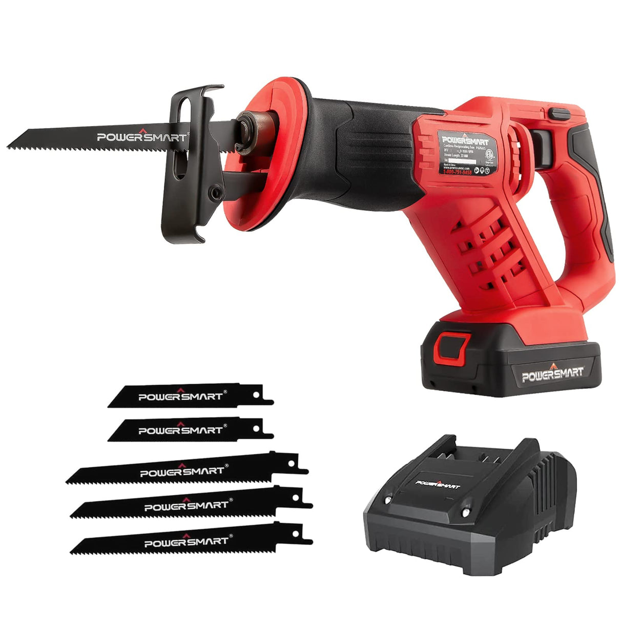 PowerSmart 20V Cordless Reciprocating Saw with 2.0Ah Battery and Charger, 3pcs Wood Blades and 2pcs Metal Blades Included PowerSmart