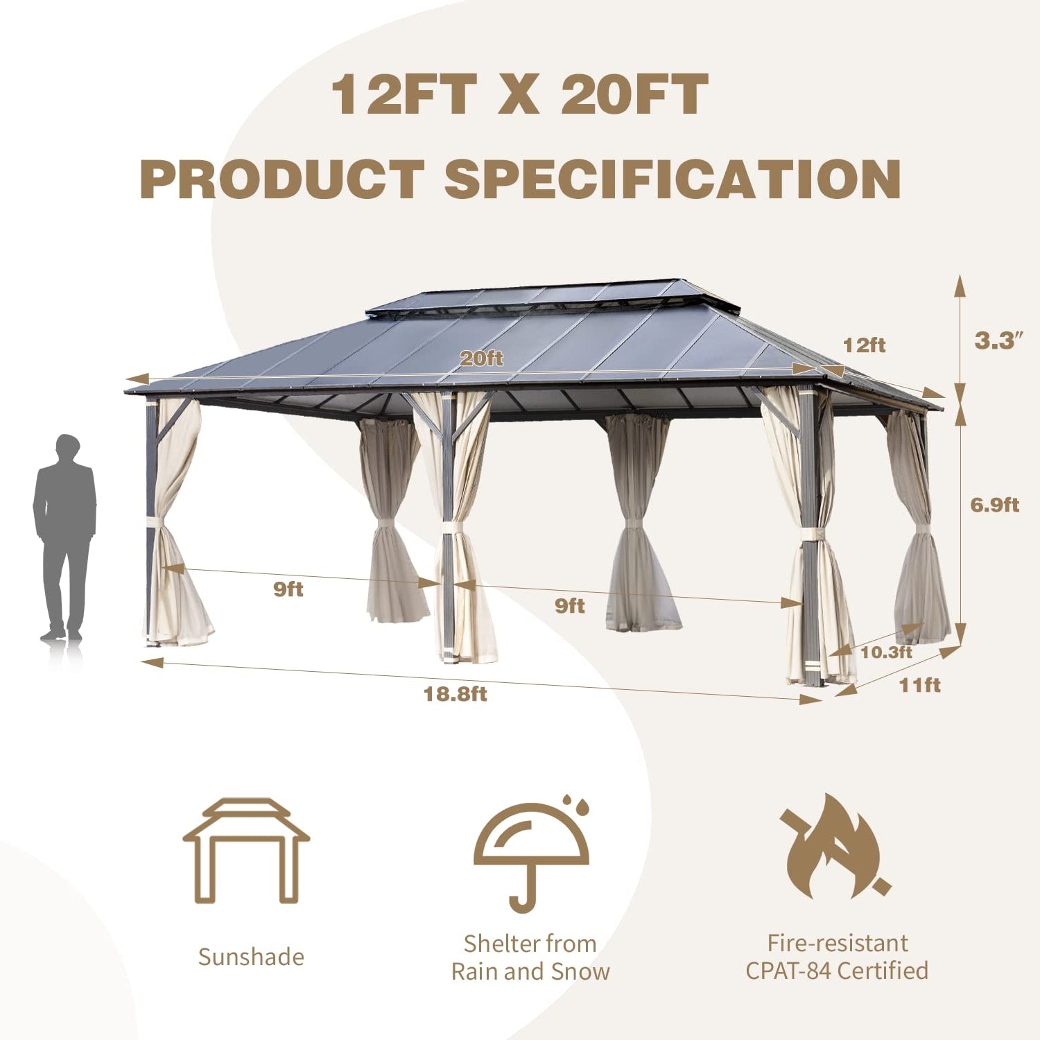 MELLCOM 12x20FT Hardtop Gazebo, Permanent Outdoor Aluminum Patio Gazebo with Aluminum Composite Double Roof for Patio Lawn and Garden, Curtains and MELLCOM