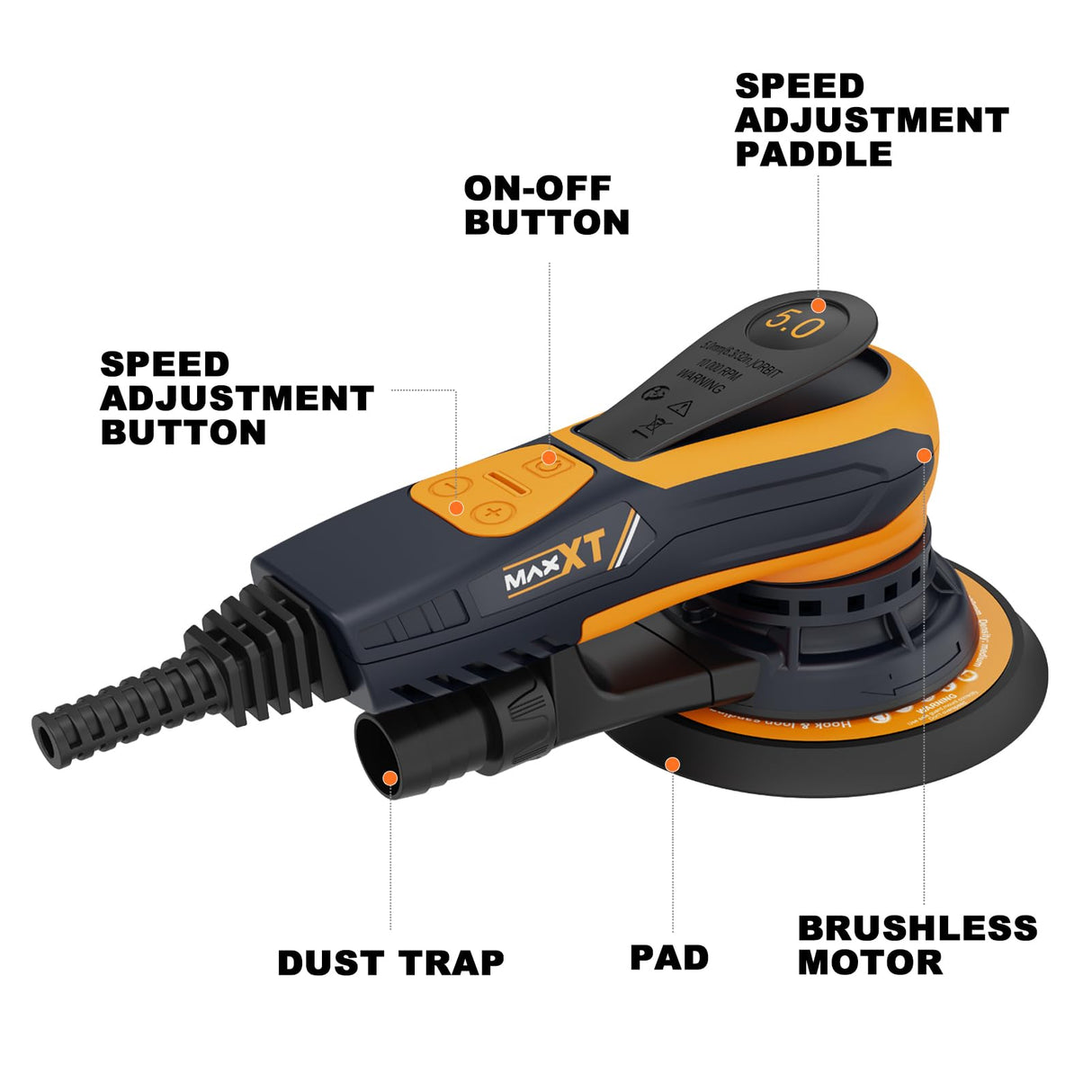 MAXXT Electric 5mm Random Orbital Sander, Palm Sander with Brushless Motor, 5&6Inch Sanding Pads, Central Vacuum, Sanders for Woodworking, Primary MAXXT