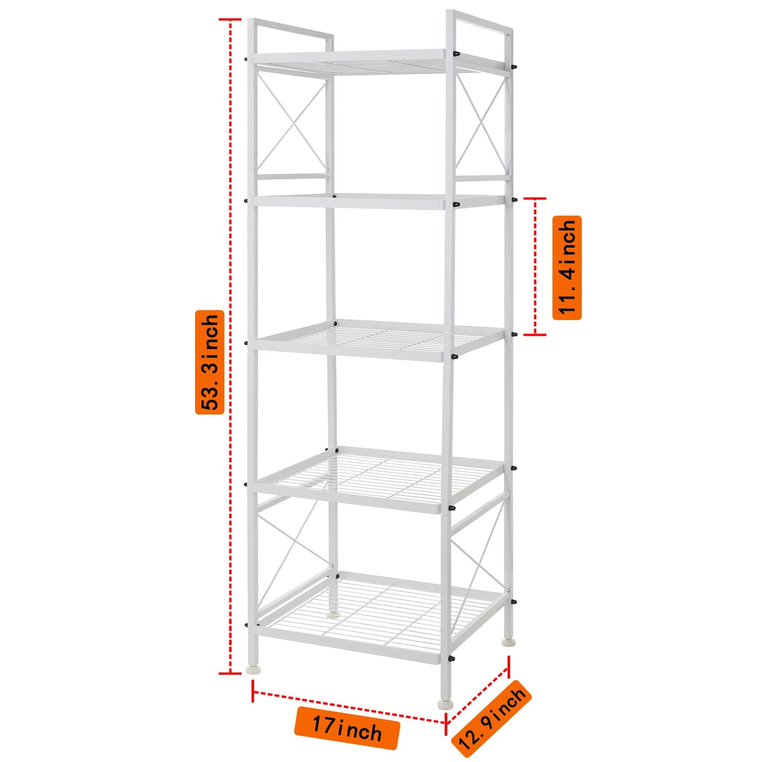 YOHKOH 5 Tier Metal Storage Rack Closet Shelves,Standing Storage Shelf Units for Laundry Bathroom Kitchen Pantry Closet(White,17.0L x 12.9W x 53.3H) YOHKOH