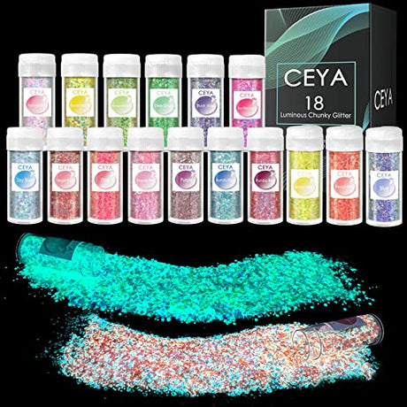 Ceya Glow in The Dark Glitter Set 18 Colors, 6.3 oz/ 180g Luminous Chunky Glitter Mix Fine Powder Flakes Fluorescent Nail Sequins for Epoxy Resin, ceya