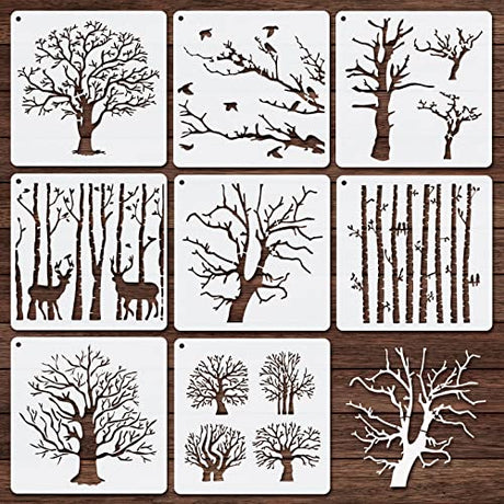 8 Pieces Reusable Tree Stencils Aspen Trees Stencils Reversed Branches Stencils Painting Tree Template Plastic Drawing Stencils for Canvas Wood Wall Chinco