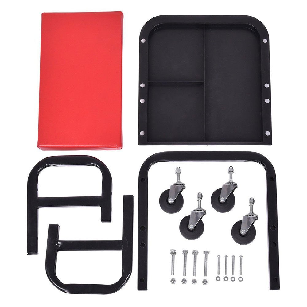 Parts-Diyer Shop Garage Rolling Stool Mechanic Roller Seat Chair, Rectangular Shape Auto Accessory, Red Parts-Diyer