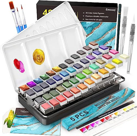 Emooqi Watercolor Paint Set, 48 Colors with 6 Metallic Colors,Hook Line Pens,Water Brushes and Water Color Papers for Artists and Beginners,Art Emooqi