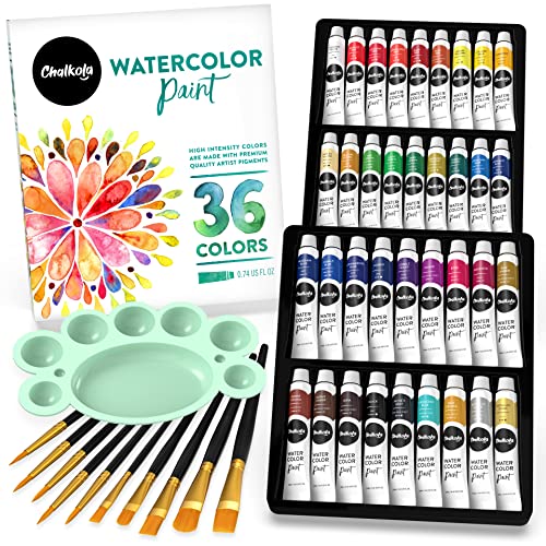 Chalkola Watercolor Paint Set for Adults, Kids, Beginner & Professional Artists - 36 Watercolor Tubes Set (12ml, 0.4oz), 10 Painting Brushes & 1 Chalkola